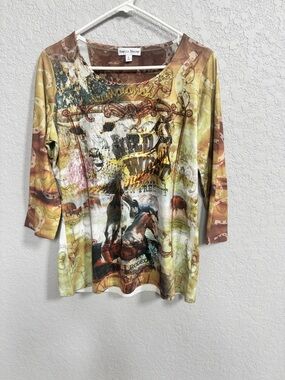 Rebecca Malone Brown Tan Cream Western-Print Scoop Neck Top